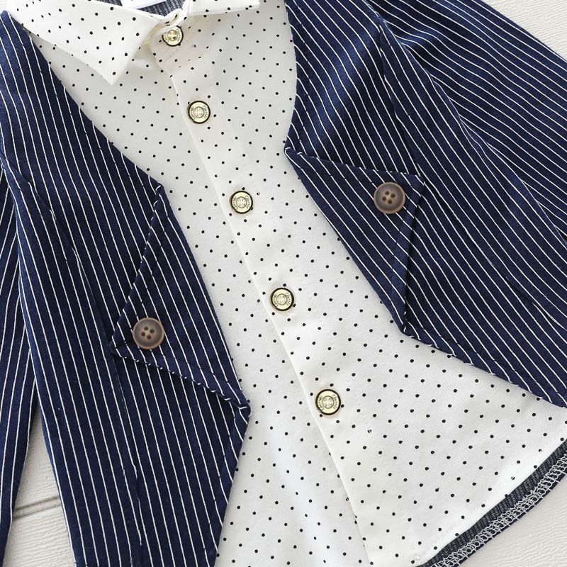 2pcs Toddler Boy Gentleman Suit, Faux-two Polka dots Stripe Shirt and Pants Set Dark Blue big image 5