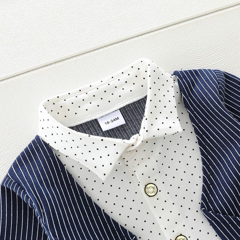 2pcs Toddler Boy Gentleman Suit, Faux-two Polka dots Stripe Shirt and Pants Set Dark Blue big image 4