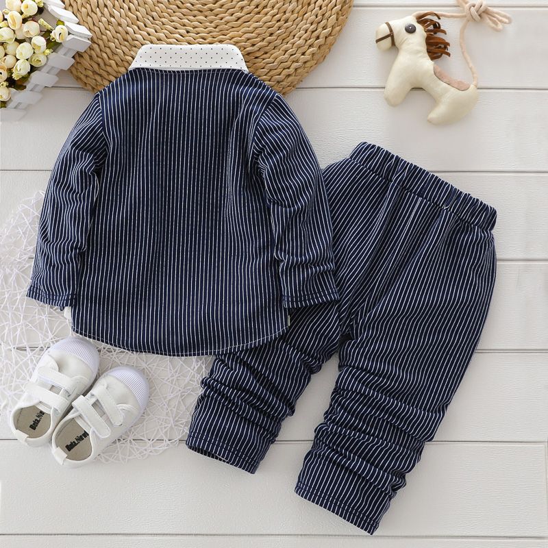 2pcs Toddler Boy Gentleman Suit, Faux-two Polka dots Stripe Shirt and Pants Set Dark Blue big image 3