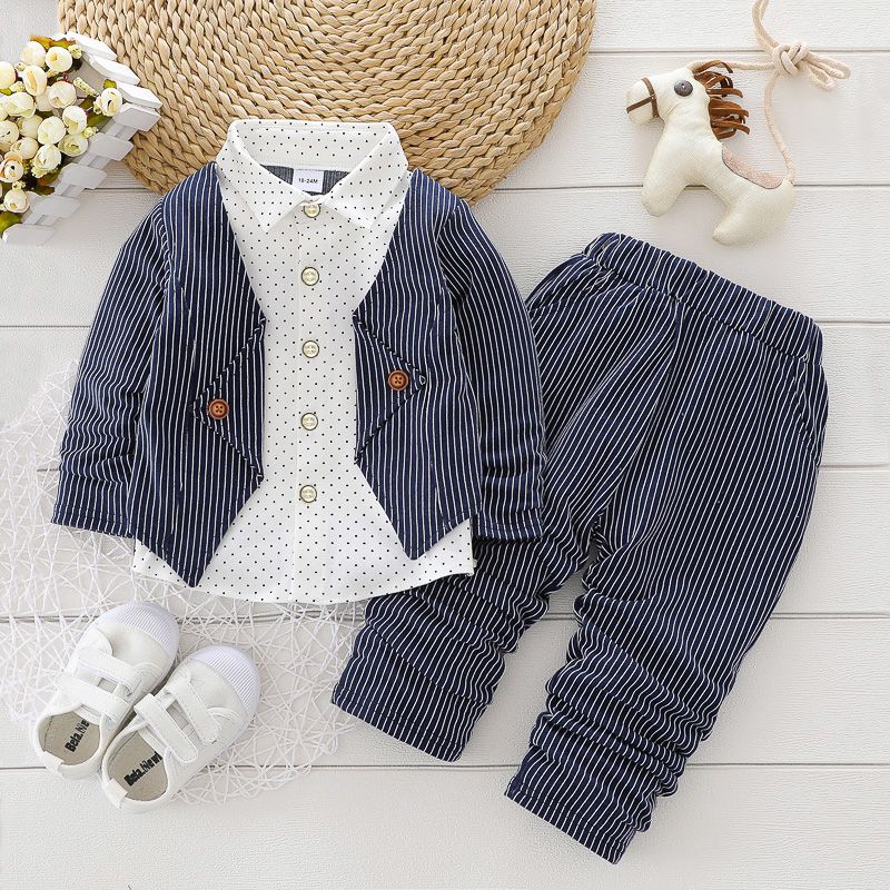2pcs Toddler Boy Gentleman Suit, Faux-two Polka dots Stripe Shirt and Pants Set Dark Blue big image 2