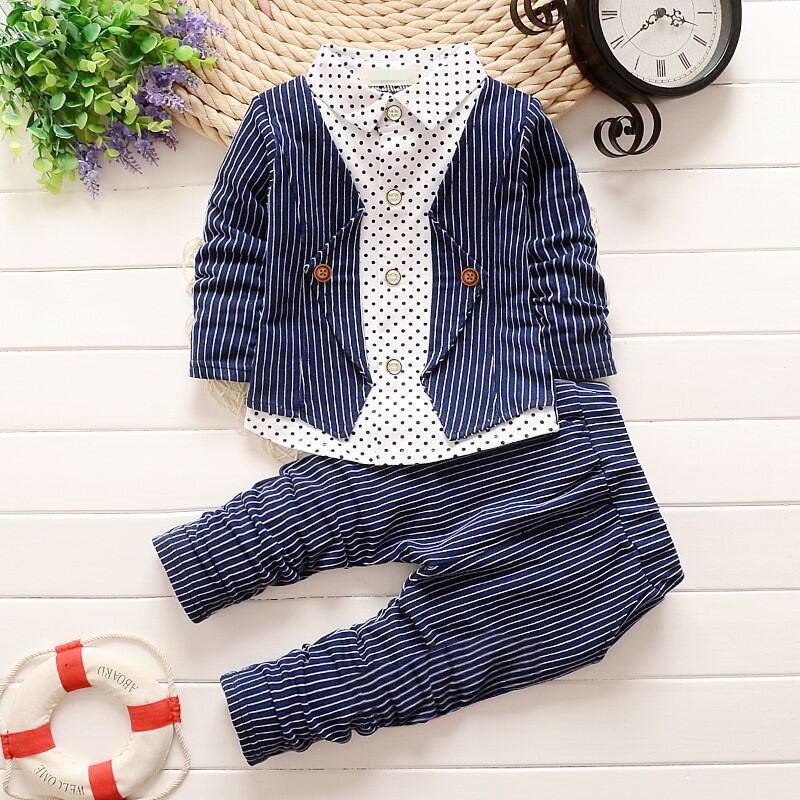 2pcs Toddler Boy Gentleman Suit, Faux-two Polka dots Stripe Shirt and Pants Set Dark Blue big image 1