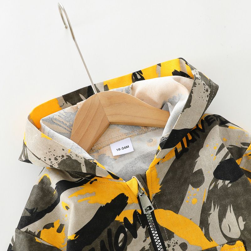 Toddler Boy Trendy 100% Cotton Camouflage Print Pocket Design Hooded Coat Yellow big image 3