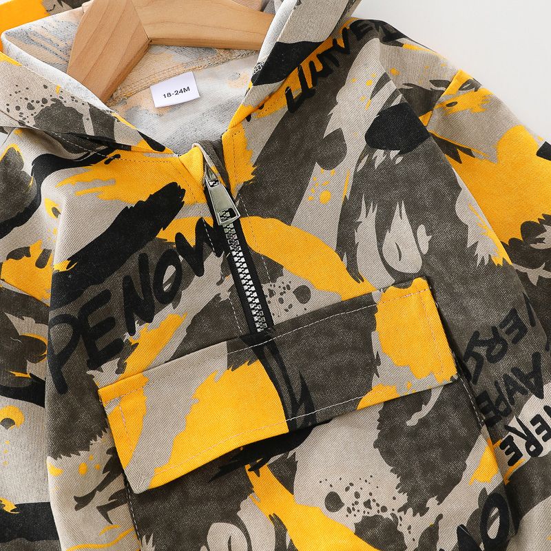 Toddler Boy Trendy 100% Cotton Camouflage Print Pocket Design Hooded Coat Yellow big image 4