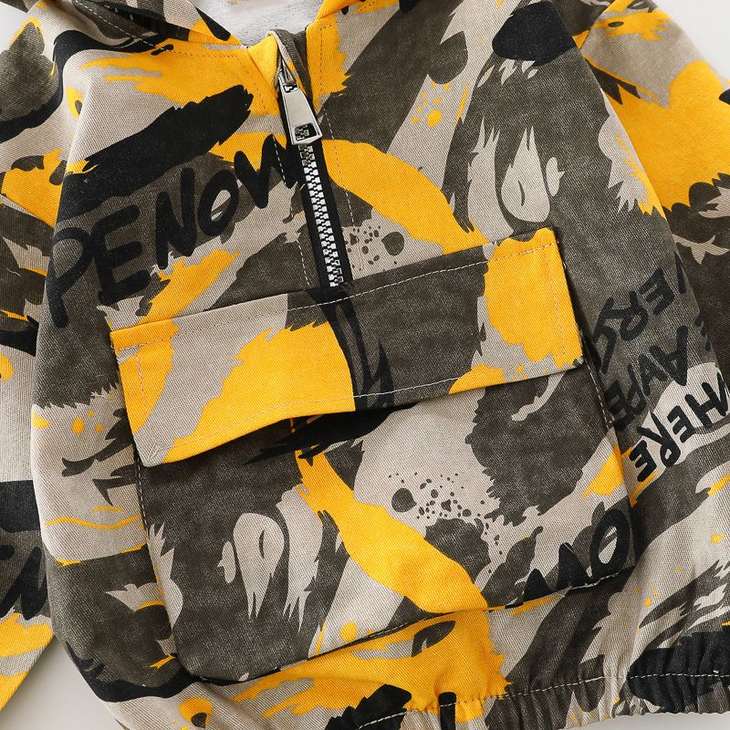 Toddler Boy Trendy 100% Cotton Camouflage Print Pocket Design Hooded Coat Yellow big image 5