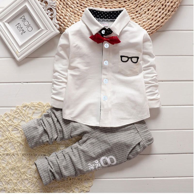 2pcs Toddler Boy Gentleman Suit, Lapel Collar Bow tie Design Shirt and Letter Print Pants Set White