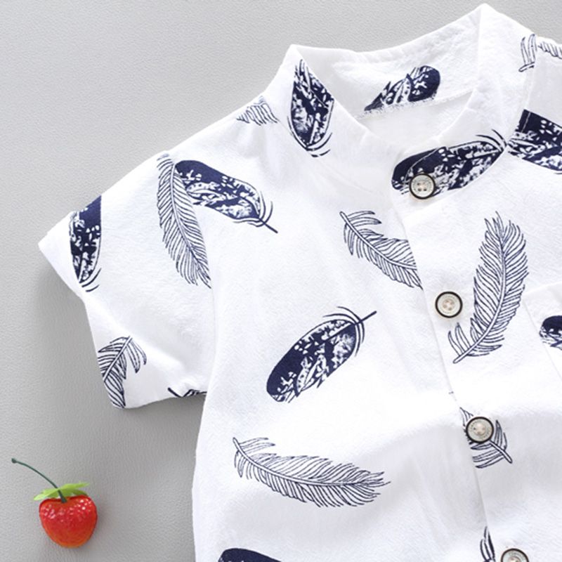 2pcs Baby Boy 95% Cotton Short-sleeve All Over Feather Print Button Up Shirt and Solid Shorts Set White big image 3