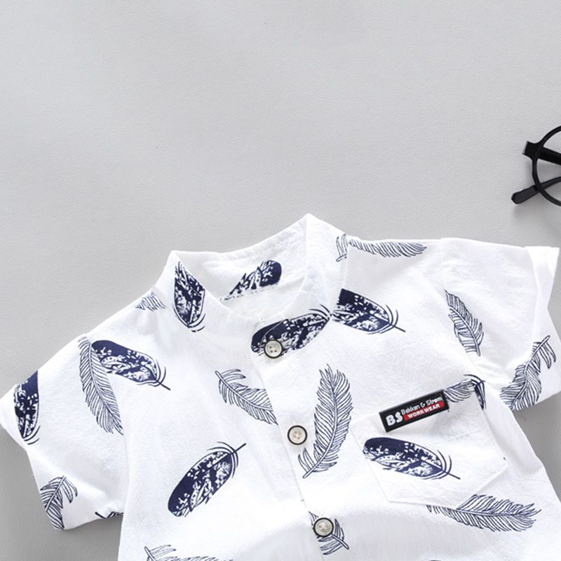 2pcs Baby Boy 95% Cotton Short-sleeve All Over Feather Print Button Up Shirt and Solid Shorts Set White big image 4