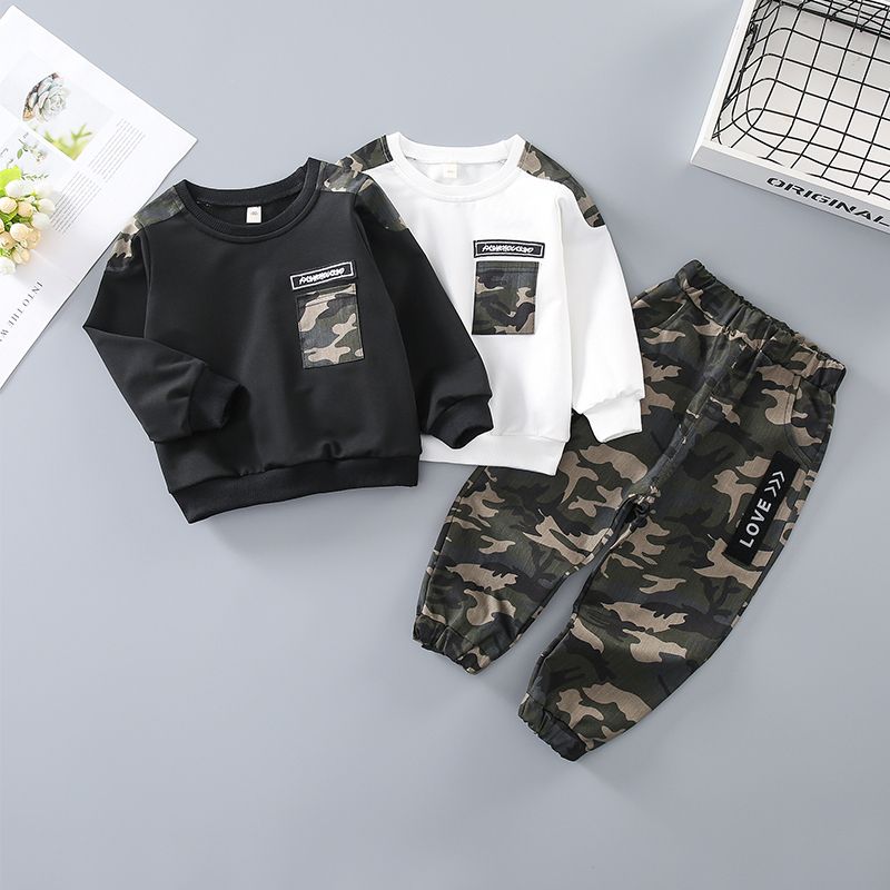 2-piece Baby / Toddler Boy Camouflage Letter Print Pullover and Casual Harem Pants Set White big image 2