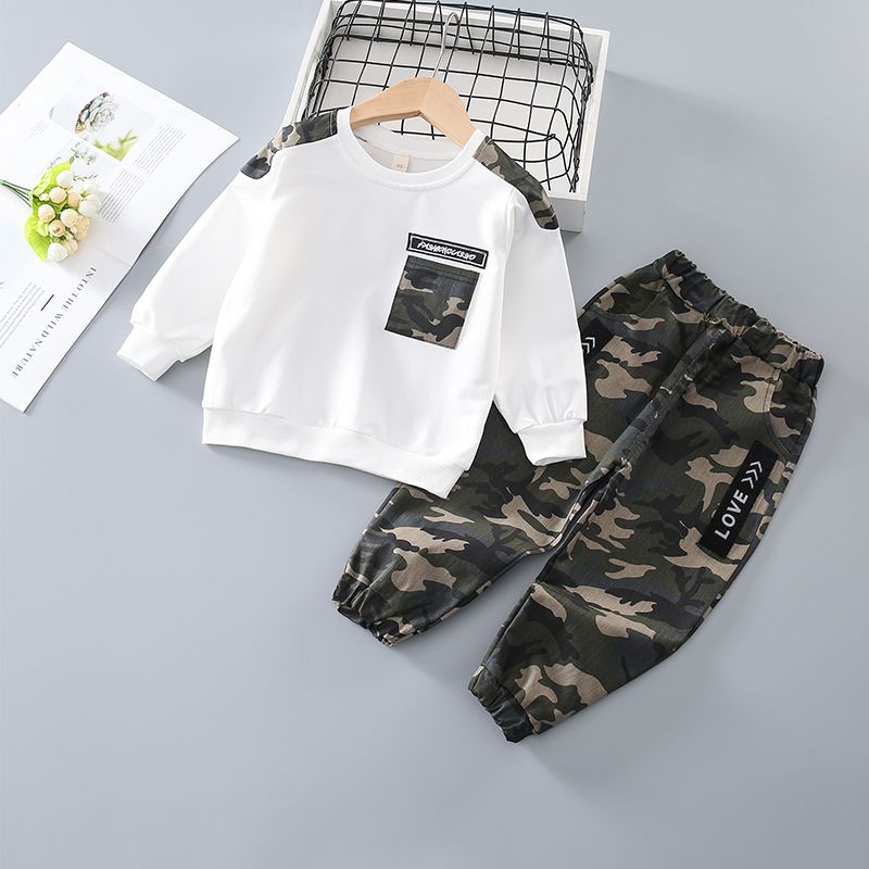 2-piece Baby / Toddler Boy Camouflage Letter Print Pullover and Casual Harem Pants Set White big image 1