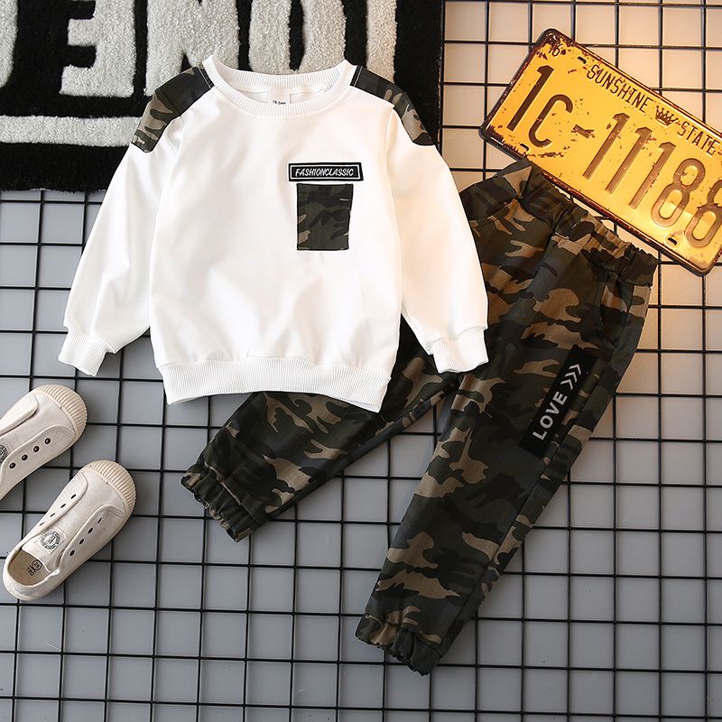 2-piece Baby / Toddler Boy Camouflage Letter Print Pullover and Casual Harem Pants Set White big image 6