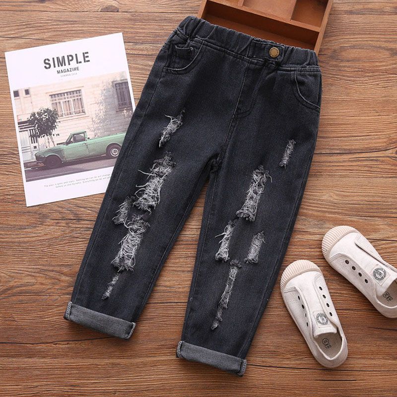 Moletom texturizado de letra infantil de 1 peça/jeans rasgados Preto big image 1