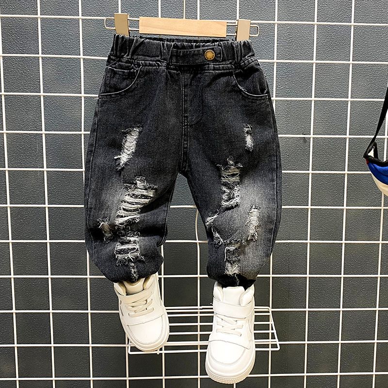 1-piece Toddler Boy Letter Textured Sweatshirt/ Ripped Denim Jeans Black big image 3