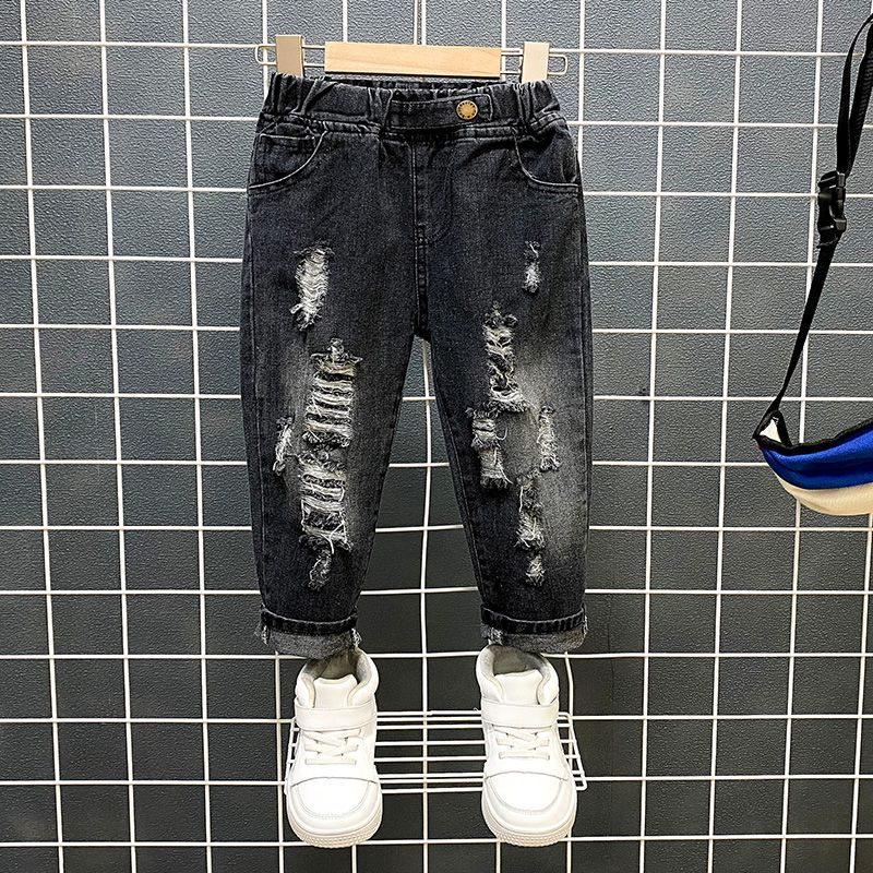 1-piece Toddler Boy Letter Textured Sweatshirt/ Ripped Denim Jeans Black big image 4