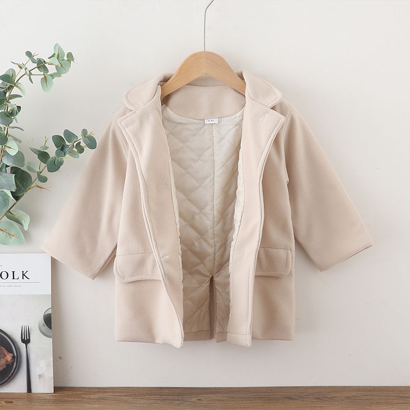 Toddler Boy Lapel Collar Button Design Longline Overcoat Beige big image 3