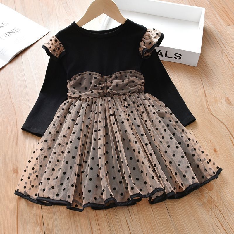 Toddler Girl Ruffled Polka dots Mesh Design Long-sleeve Splice Dress Black