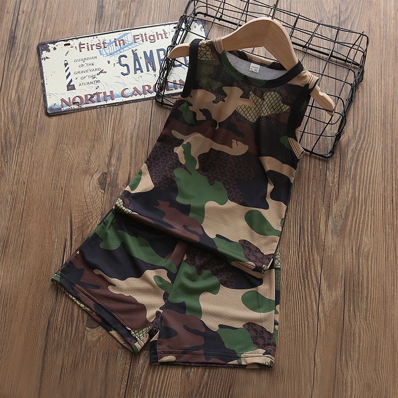2pcs Toddler Boy Casual Camouflage Print Tank Top and Shorts Set army green 2