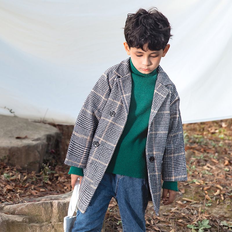 طفلة صغيرة / صبي معطف مزدوج الصدر منقوش اللون الرمادي big image 7