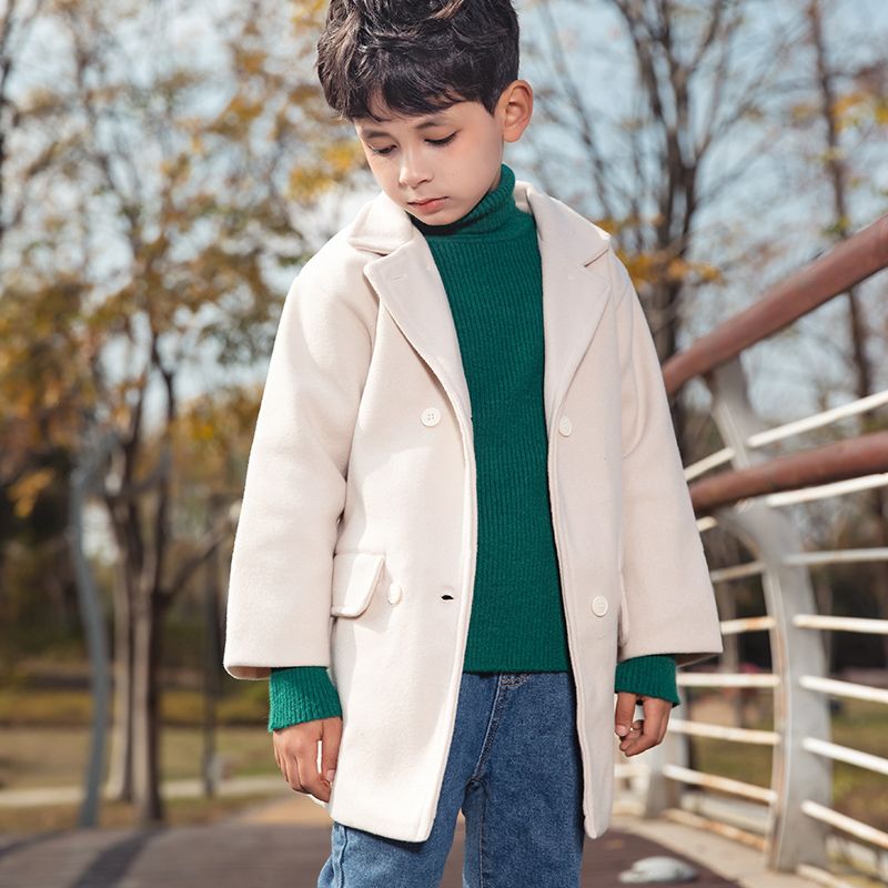 gola de lapela para criança menino com design de botão longo casaco longo Cor Bege big image 6