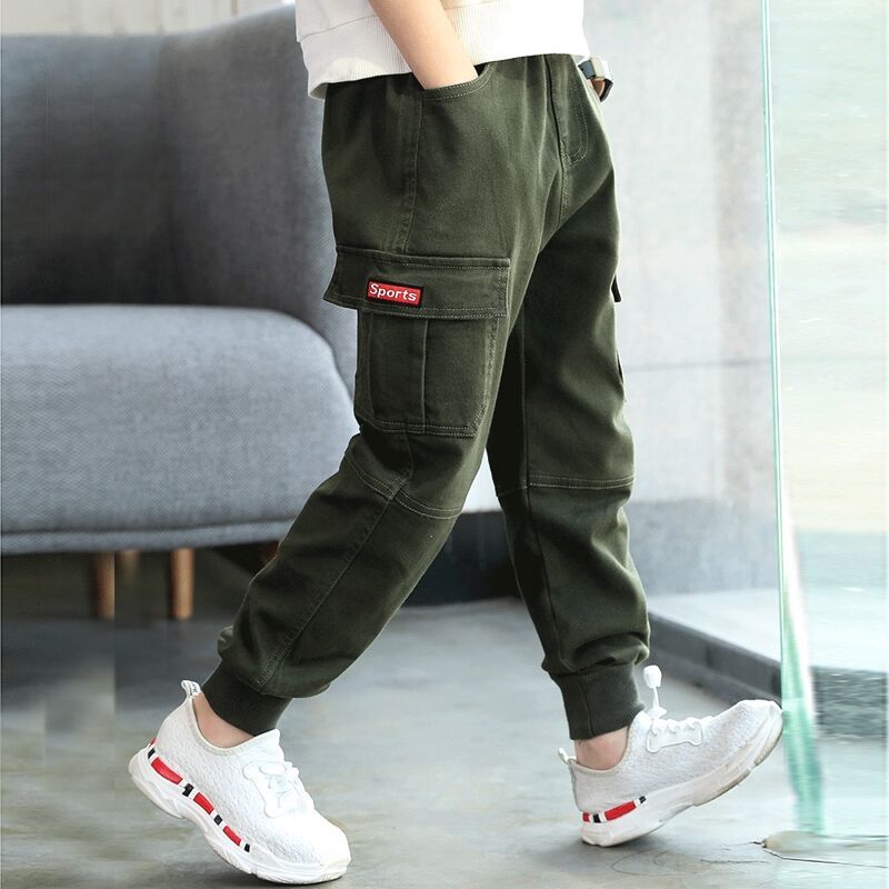 Kid Boy Casual Pocket Design Cotton Cargo Pants Army green big image 1