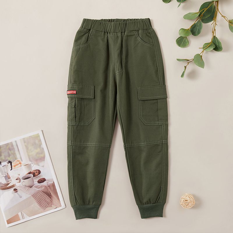 Kid Boy Casual Pocket Design Cotton Cargo Pants Army green big image 2