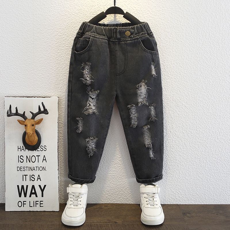 1-piece Toddler Boy Letter Textured Sweatshirt/ Ripped Denim Jeans Black big image 6