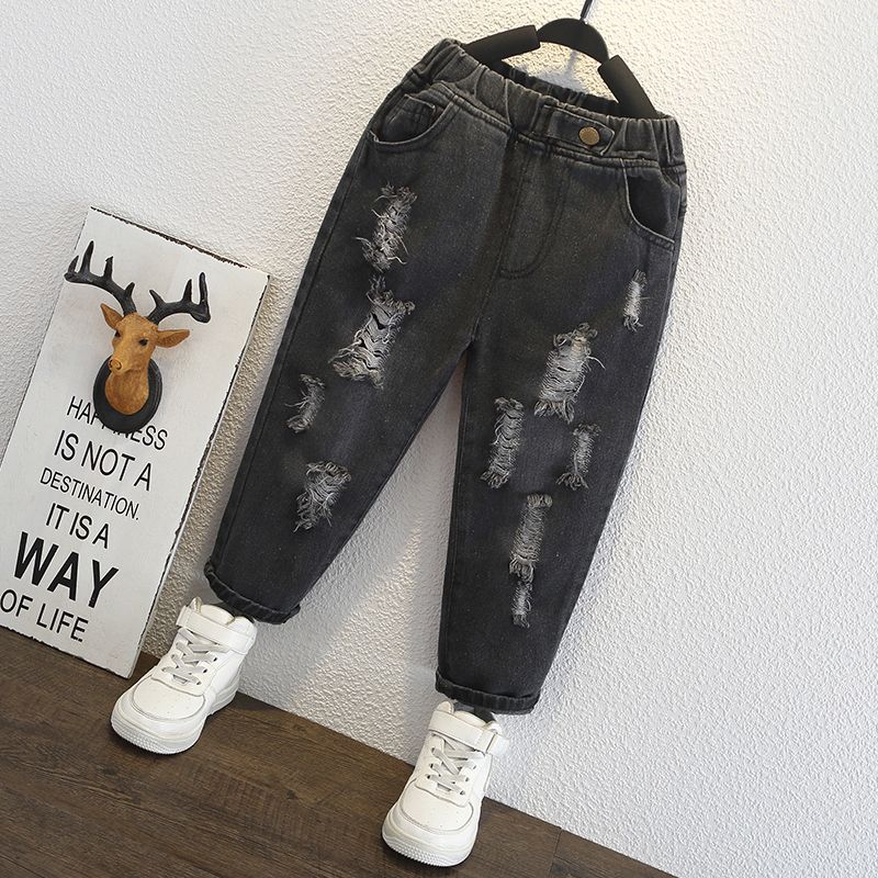 1-piece Toddler Boy Letter Textured Sweatshirt/ Ripped Denim Jeans Black big image 8