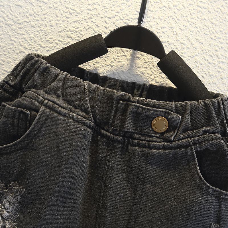 1-piece Toddler Boy Letter Textured Sweatshirt/ Ripped Denim Jeans Black big image 12
