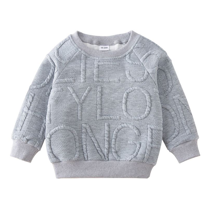 Kid Boy Solid Color Letter Textured Pullover Sweatshirt Grey big image 7