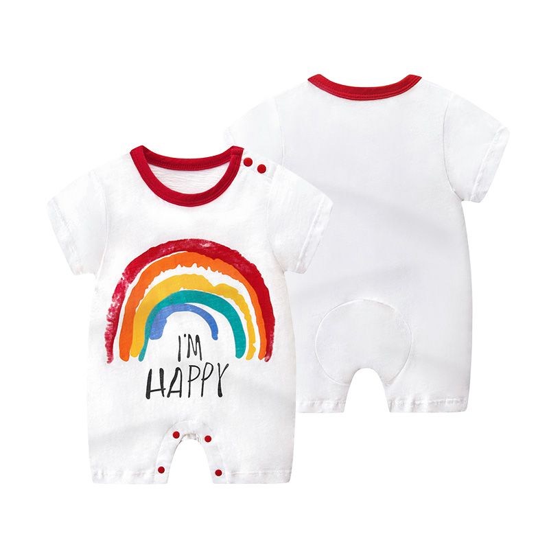 100% Cotton Letter and Rainbow Print Short-sleeve White Baby Romper White
