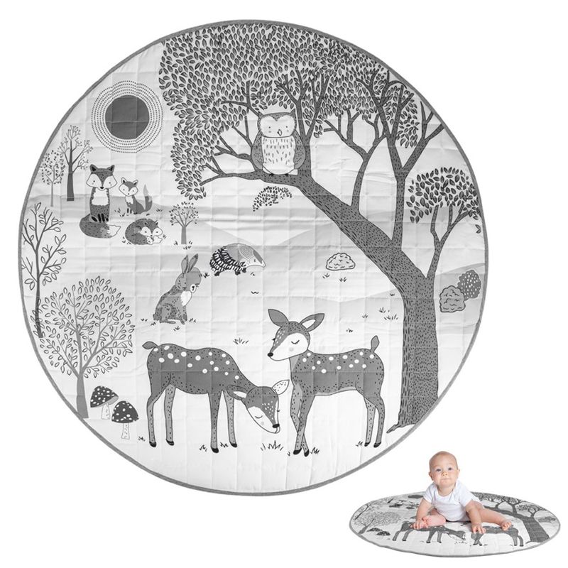 Cartoon Forest Deer Animal Baby Play Mats Newborn Infant Crawling Blanket Cotton Round Floor Carpet Light Grey big image 2