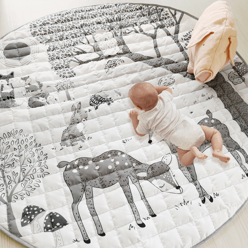 Cartoon Forest Deer Animal Baby Play Mats Newborn Infant Crawling Blanket Cotton Round Floor Carpet Light Grey
