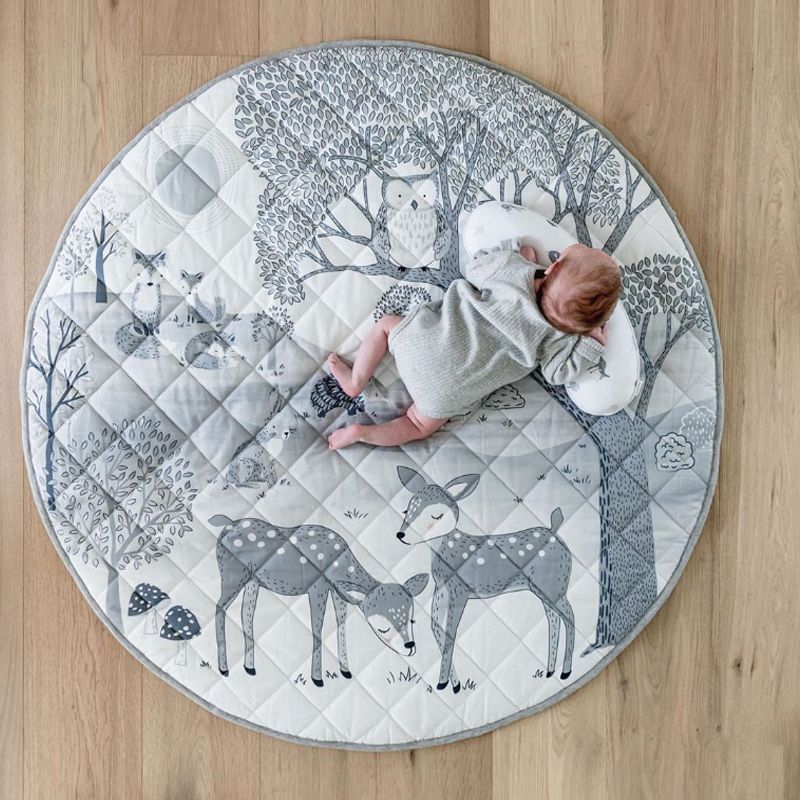 Cartoon Forest Deer Animal Baby Play Mats Newborn Infant Crawling Blanket Cotton Round Floor Carpet Light Grey big image 8