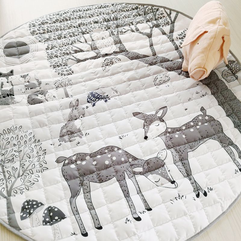 Cartoon Forest Deer Animal Baby Play Mats Newborn Infant Crawling Blanket Cotton Round Floor Carpet Light Grey big image 9