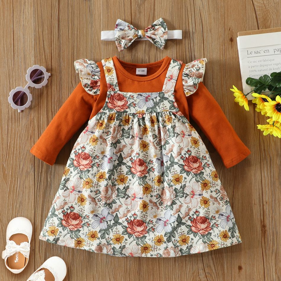 3pcs Floral Print Long-sleeve Baby Romper Set Brown