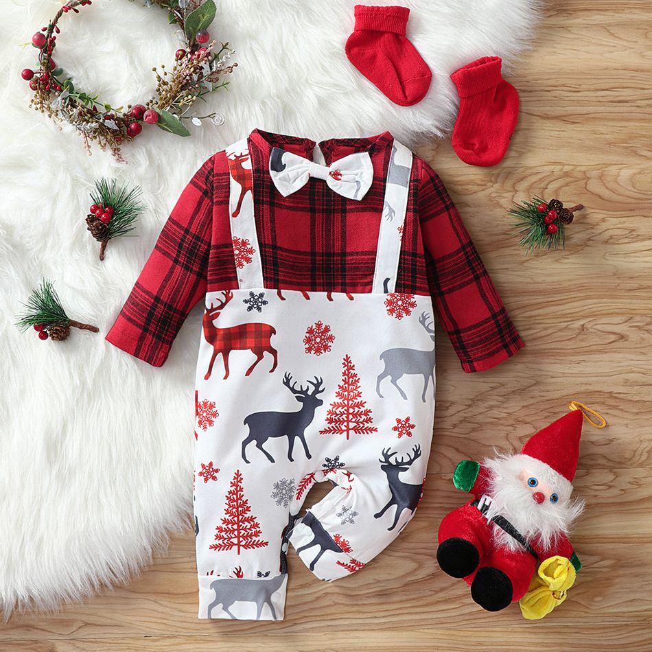 Christmas Reindeer Print Splicing Red Plaid Long-sleeve Baby Jumpsuit Red big image 1