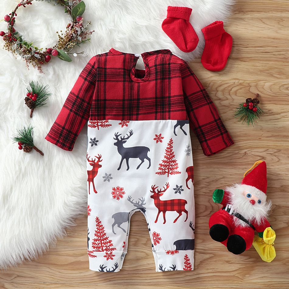Christmas Reindeer Print Splicing Red Plaid Long-sleeve Baby Jumpsuit Red big image 2
