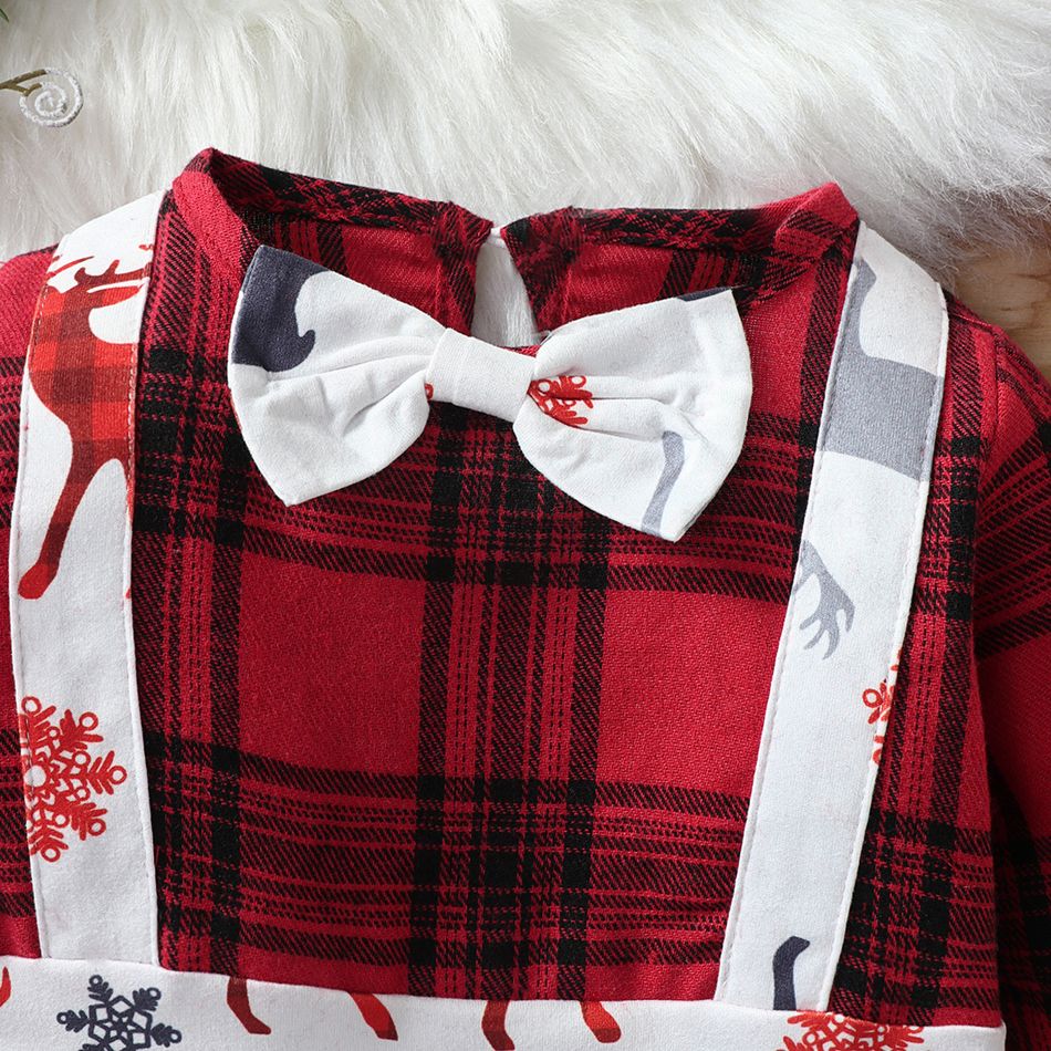 Christmas Reindeer Print Splicing Red Plaid Long-sleeve Baby Jumpsuit Red big image 3