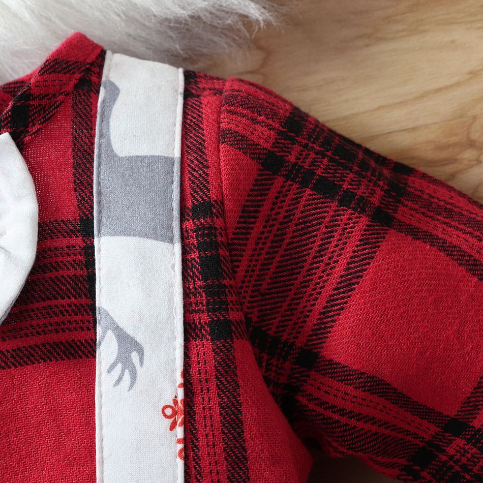 Christmas Reindeer Print Splicing Red Plaid Long-sleeve Baby Jumpsuit Red big image 4
