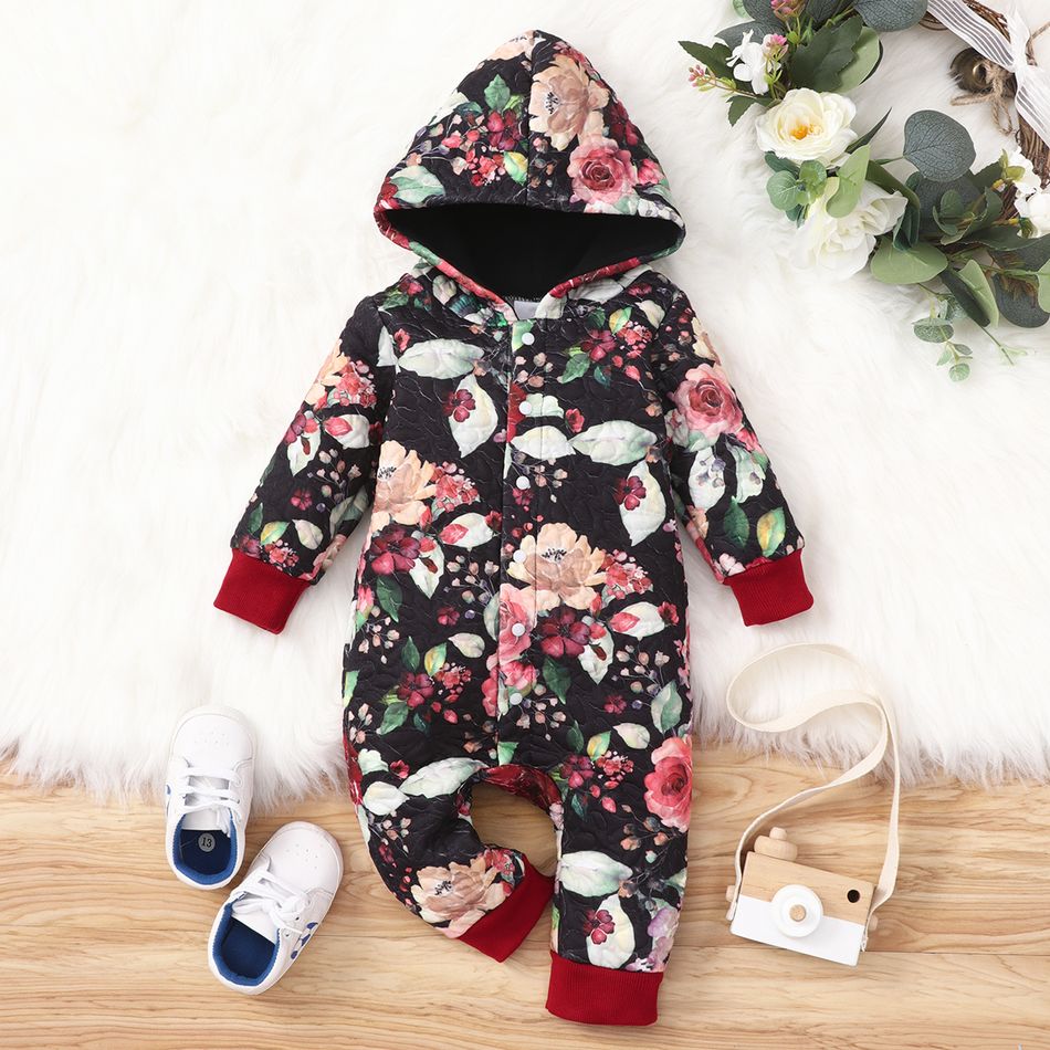 All Over Floral Print Black Long-sleeve Hooded Baby Thickened Fleece Lined Jumpsuit Black