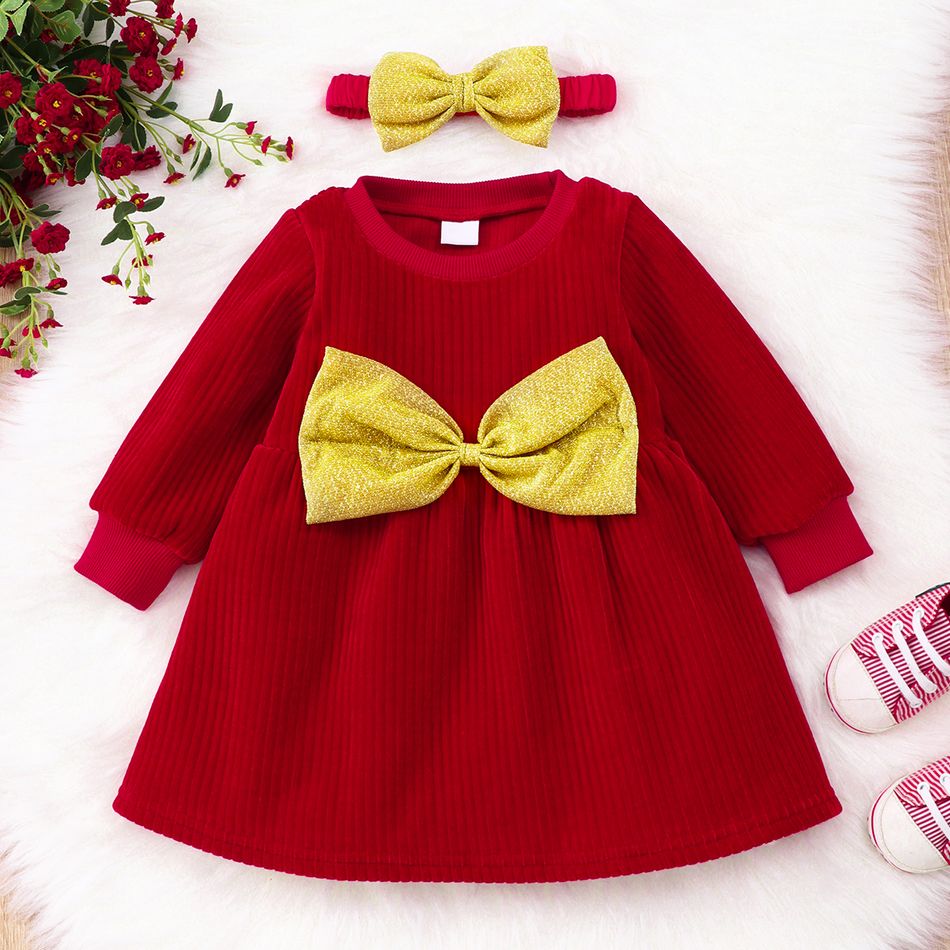 2pcs Baby Glitter Bowknot Decor Red Long-sleeve Corduroy Dress Set Red