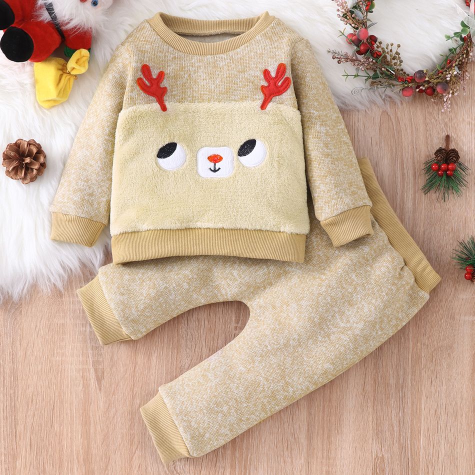 2-piece Baby Girl/Boy Christmas Deer Embroidered Fuzzy Sweatshirt and Elasticized Pants Set Khaki big image 2