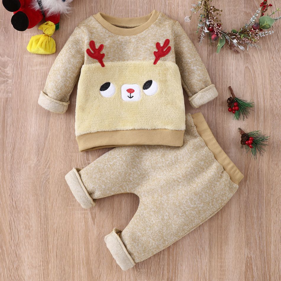 2-piece Baby Girl/Boy Christmas Deer Embroidered Fuzzy Sweatshirt and Elasticized Pants Set Khaki