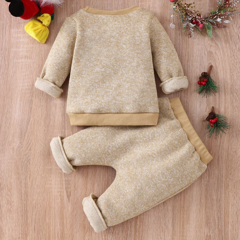 2-piece Baby Girl/Boy Christmas Deer Embroidered Fuzzy Sweatshirt and Elasticized Pants Set Khaki big image 6