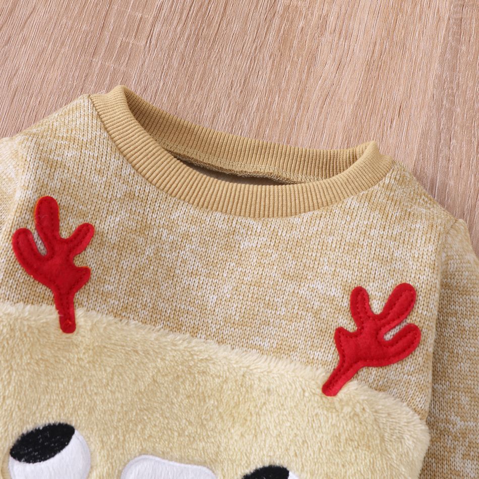 2-piece Baby Girl/Boy Christmas Deer Embroidered Fuzzy Sweatshirt and Elasticized Pants Set Khaki big image 3