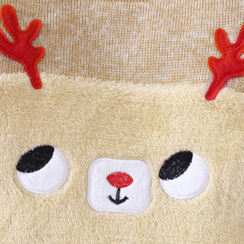 2-piece Baby Girl/Boy Christmas Deer Embroidered Fuzzy Sweatshirt and Elasticized Pants Set Khaki big image 4