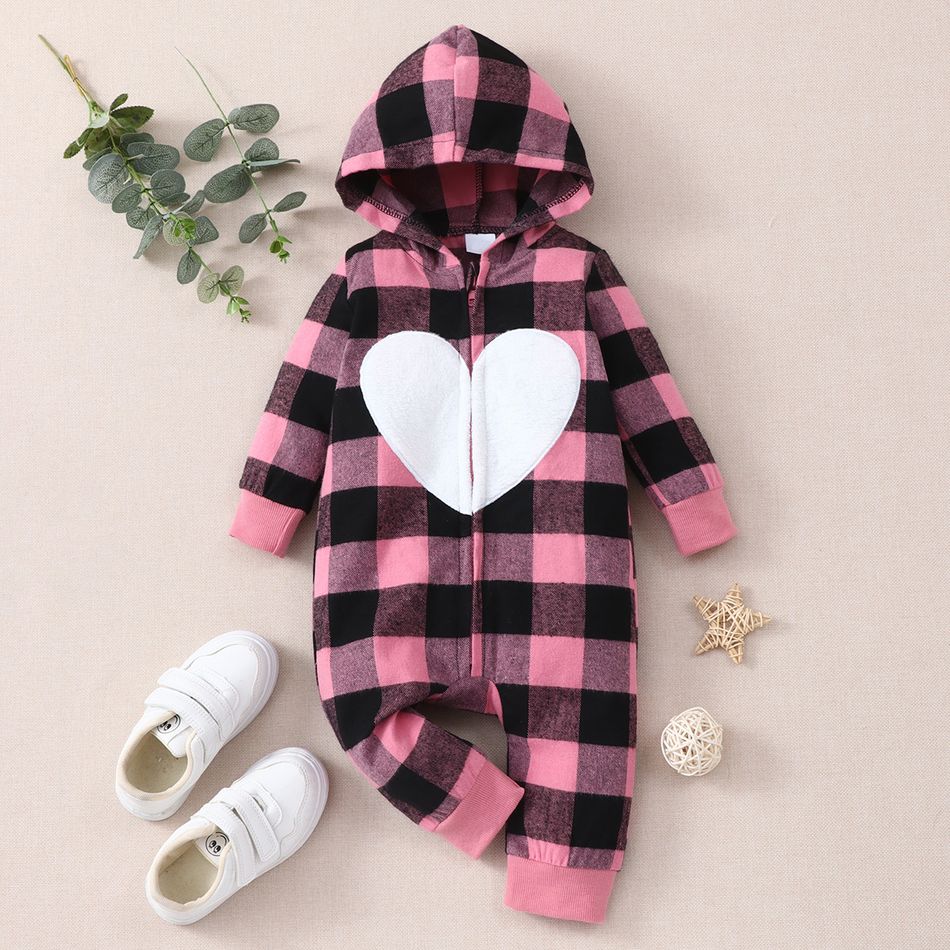 Baby Girl Love Heart Pattern Plaid Long-sleeve Hooded Zip Jumpsuit Pink