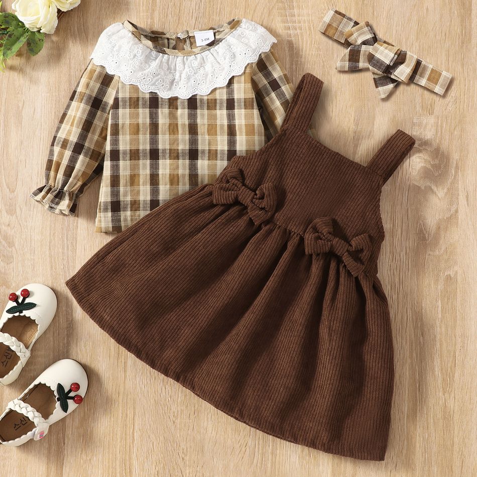 3pcs Baby Girl Ruffle Collar Plaid Long-sleeve Top and Brown Overall Dress Set Brown