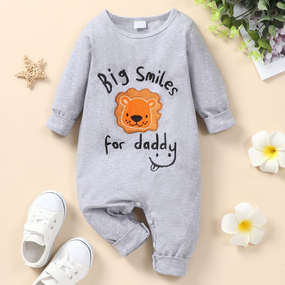 Baby Boy/Girl Cartoon Lion and Letter Embroidered Long-sleeve Jumpsuit Grey