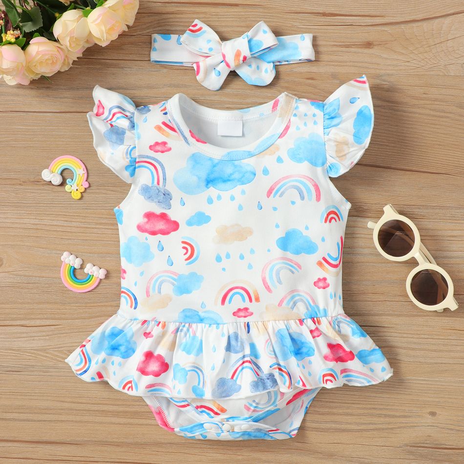 2pcs Baby Girl Allover Rainbow and Cloud Print Ruffle Flutter-sleeve Romper with Headband Set White