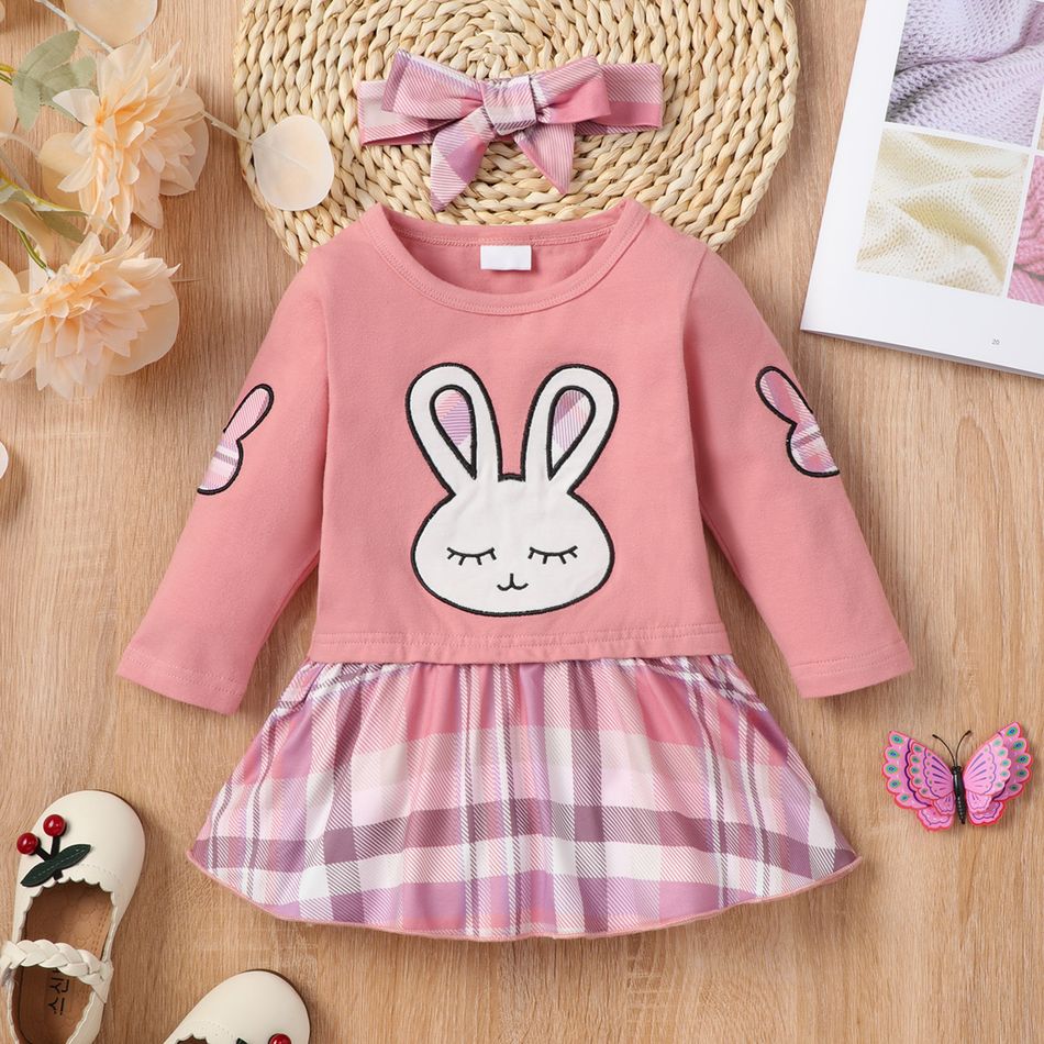 Easter 2pcs Baby Girl Cartoon Rabbit Print Pink Plaid Faux-two Long-sleeve Dress with Headband Set Pink